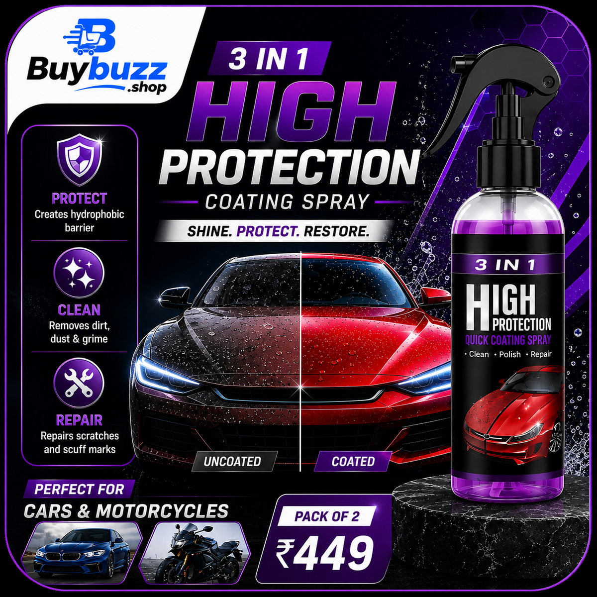 Hydrophobic Polish Nano Coating Agent Car Scratch Spray Cars Polishing for Motorcycles, Boats (Pack of 2)